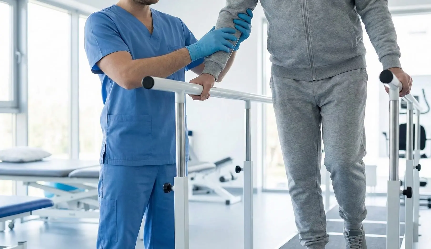 Paciente em reabilitação pós-AVC durante treino funcional assistido por profissional de saúde