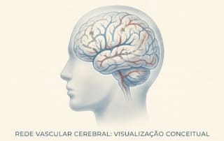 Ilustração conceitual do cérebro humano mostrando redes de vasos sanguíneos com interrupções, representando a causa da Demência Vascular.