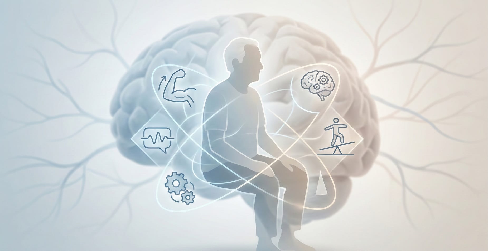 Ilustração médica da neuroplasticidade cerebral após AVC, mostrando reorganização das conexões neurais durante a reabilitação